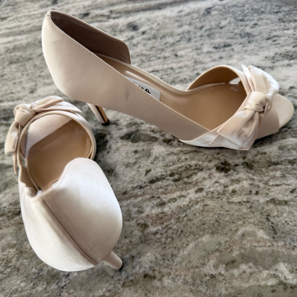 Nina Cream Satin Open-Toe Heels with Knot